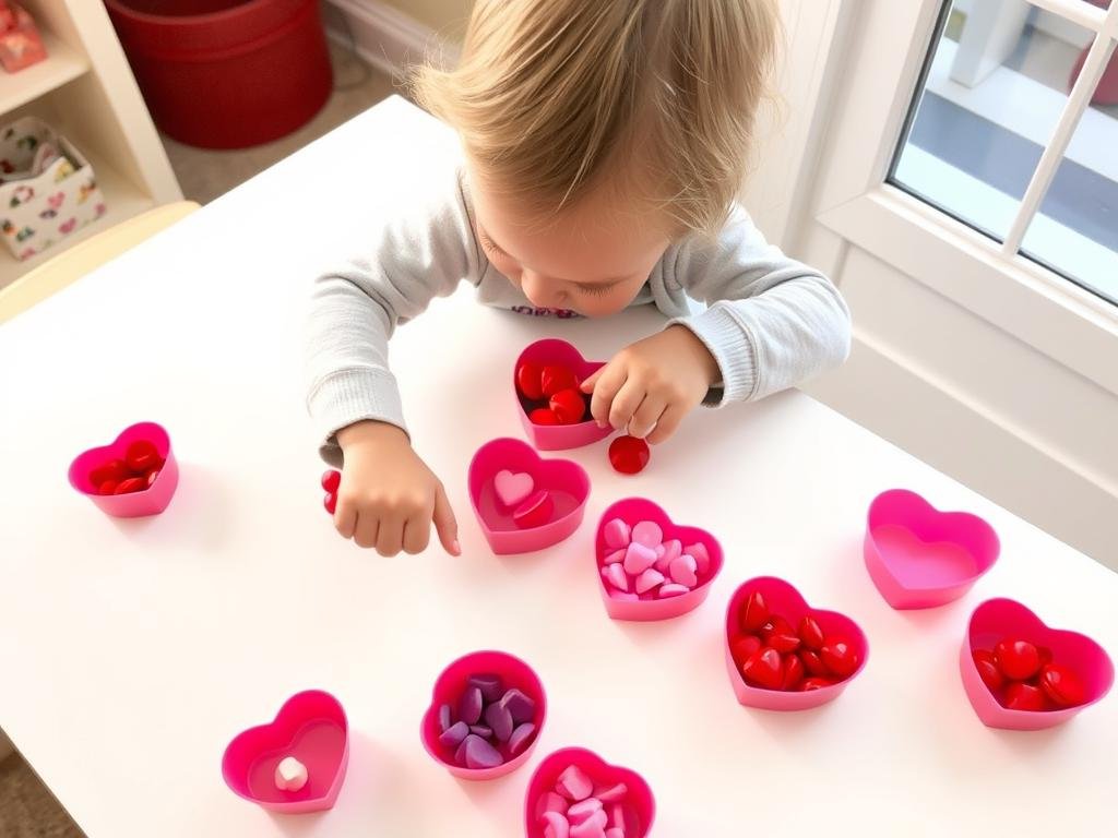 Toddler using heart-shaped color sorting cups with matching objects
