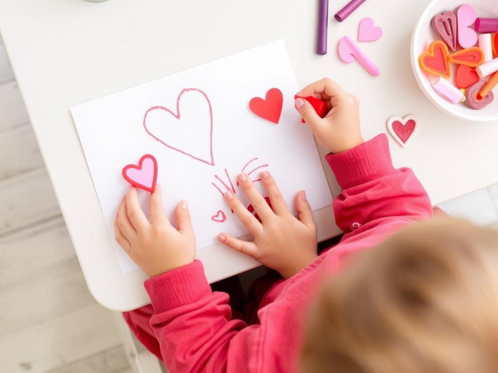 Toddler using heart-shaped finger crayons to create Valentine's artwork