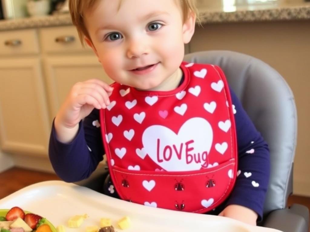 Toddler wearing Valentine's themed bib during mealtime