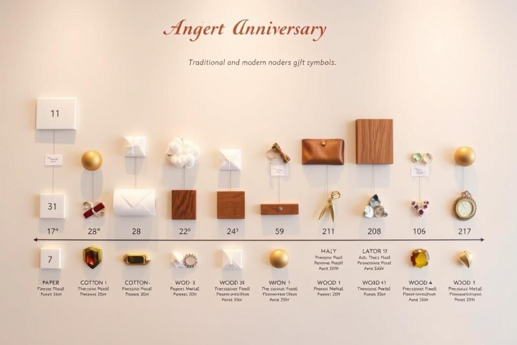 Traditional and modern anniversary gift symbols displayed in an elegant arrangement