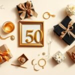 Traditional gold 50th anniversary gifts including jewelry, photo frames, and decorative items