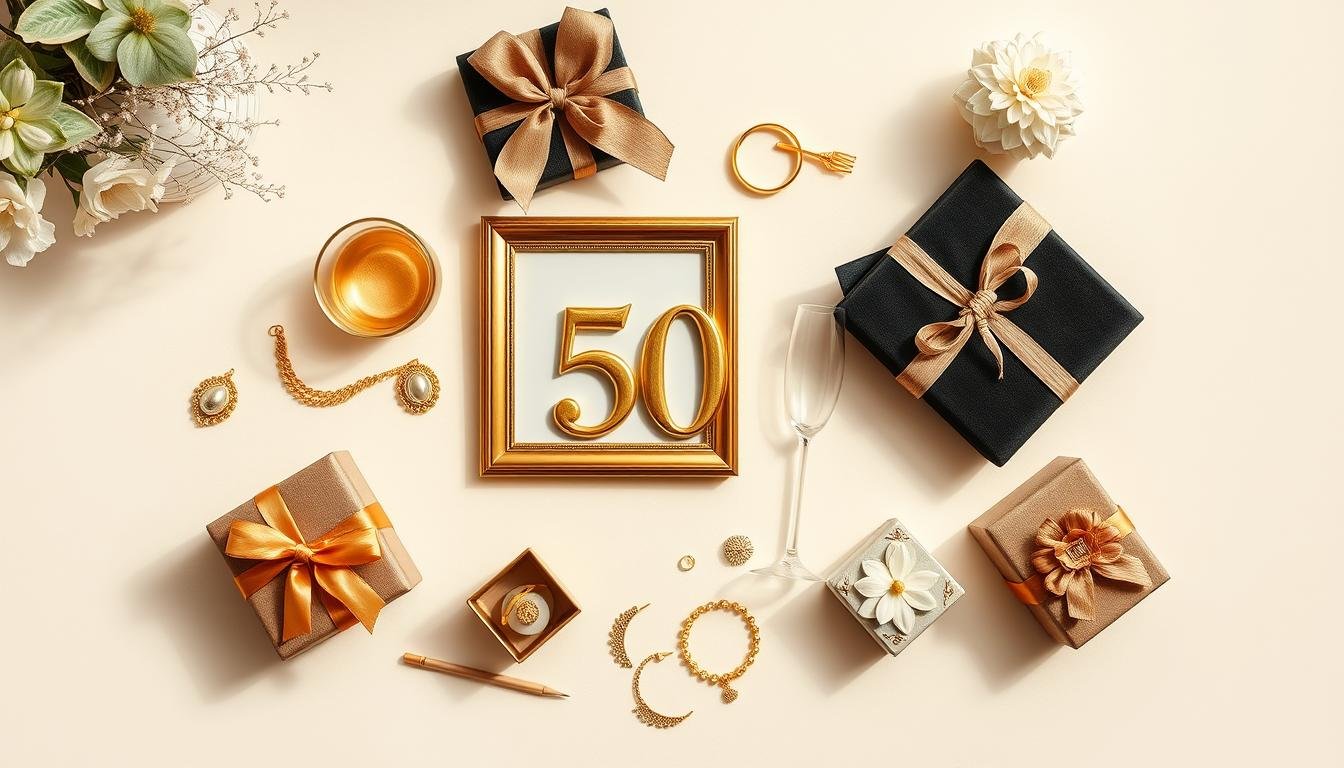Traditional gold 50th anniversary gifts including jewelry, photo frames, and decorative items