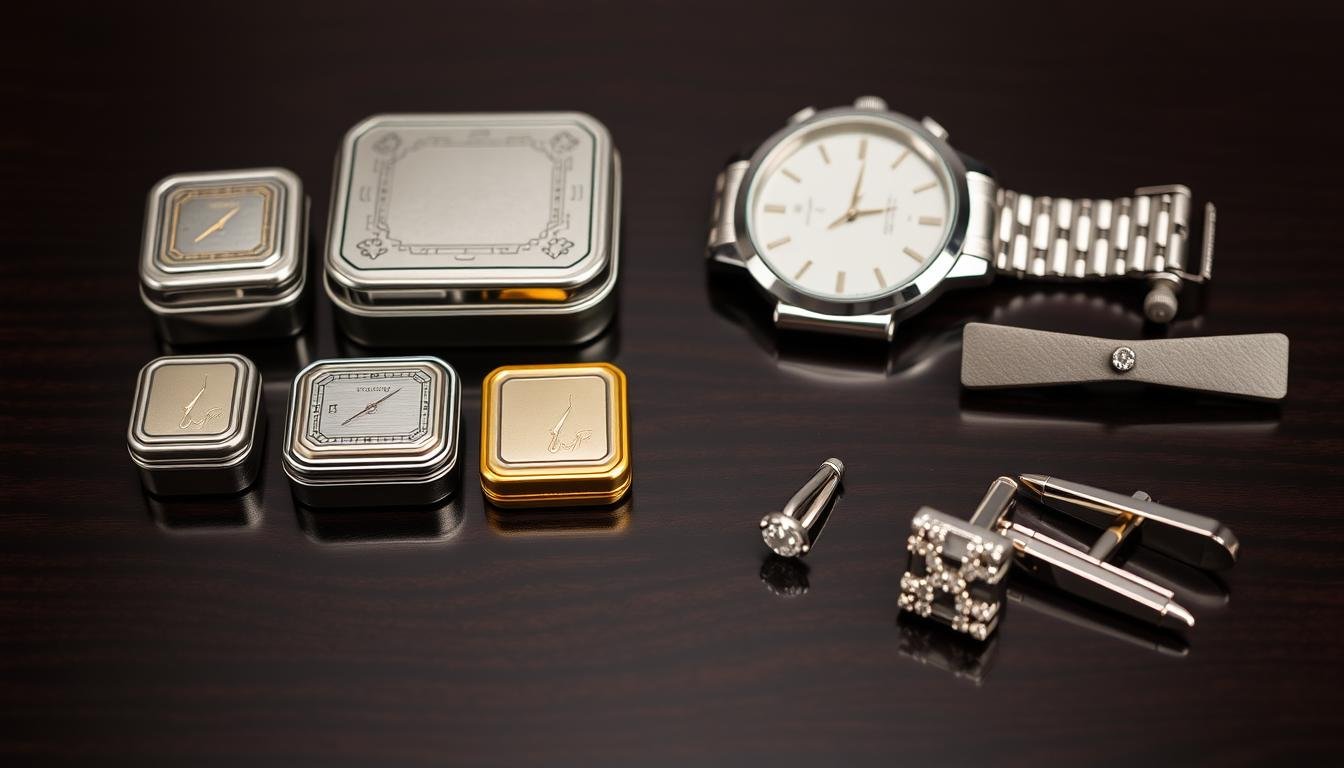 Traditional tin and modern diamond 10 year anniversary gift ideas for him displayed elegantly