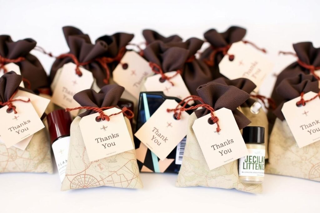 Travel-themed mini emergency kits as destination wedding gifts for guests