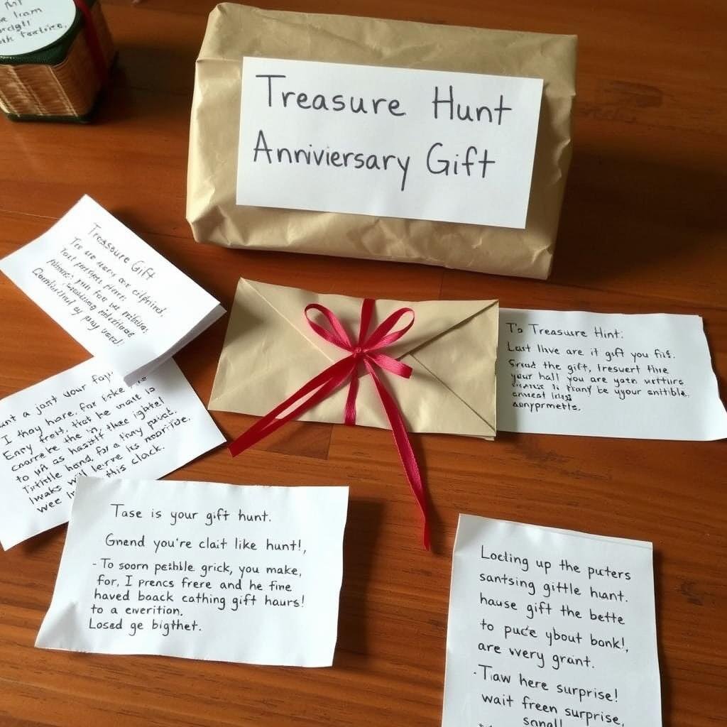 Treasure hunt with paper clues leading to anniversary gift Treasure hunt with paper clues leading to anniversary gift