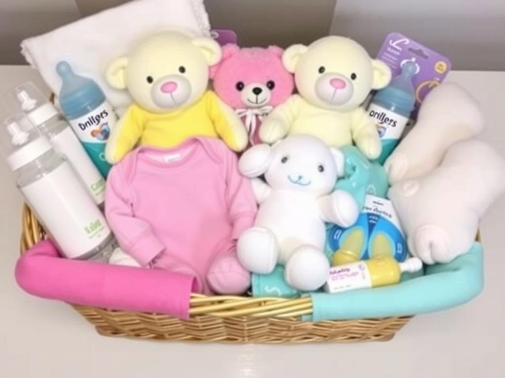 Twin baby gift basket with duplicated items in complementary colors