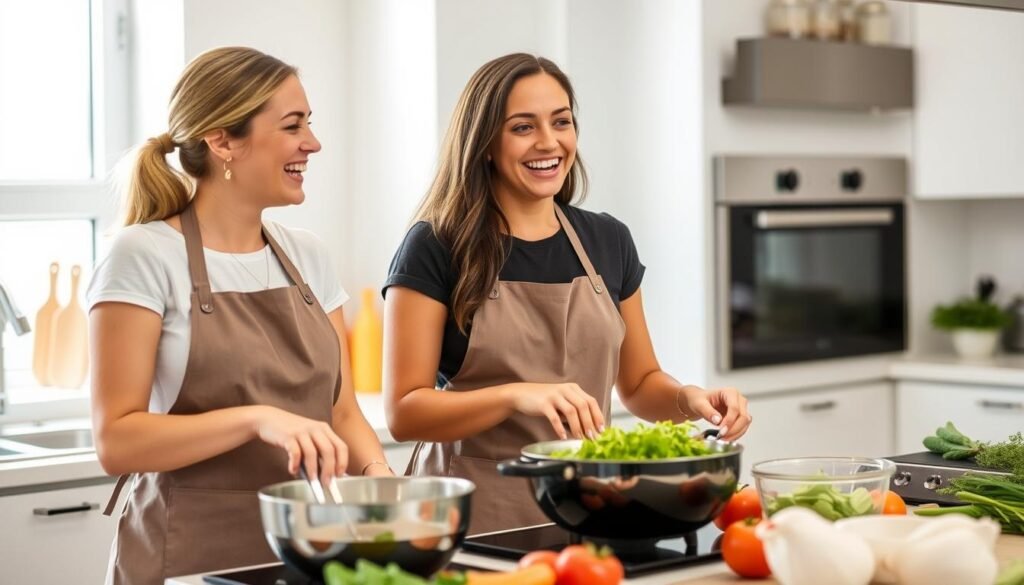 Two best friends enjoying a cooking class together