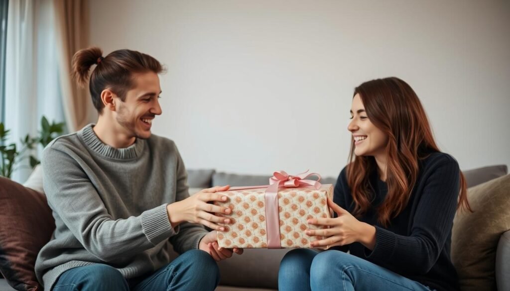 Two best friends exchanging gifts and hugging