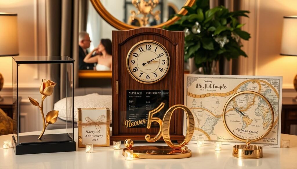 Unique 50th anniversary gifts including gold-dipped roses, custom artwork, and commemorative items