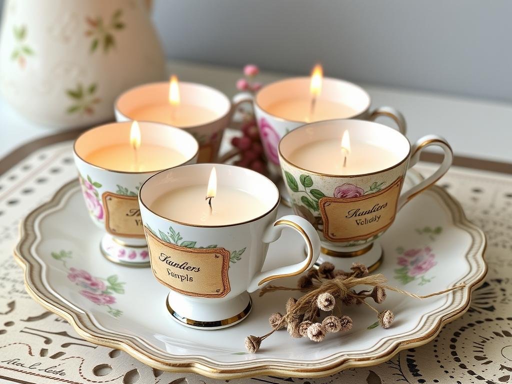 Upcycled vintage teacup candles with handmade labels creative gift ideas