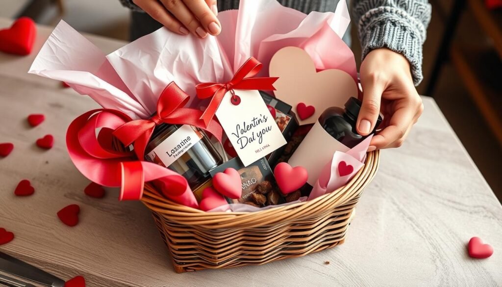 Valentine's Day basket presentation with decorative elements and personalized touches