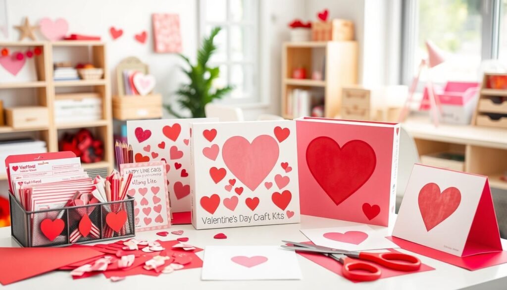 Valentine's Day craft kits for kids showing card making supplies and heart-themed crafts