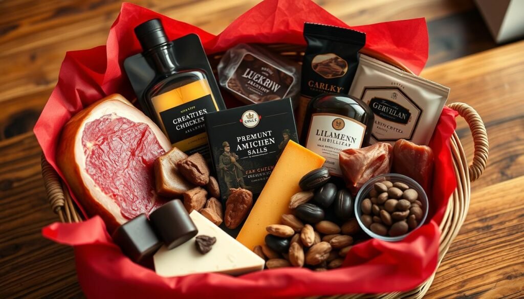 Valentine's Day gourmet food basket for him with artisanal meats, cheeses, and chocolates