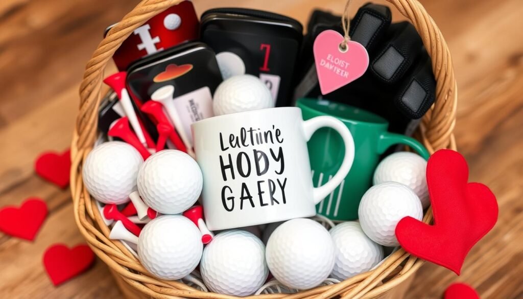 Valentine's Day hobby basket for him featuring golf accessories and themed items