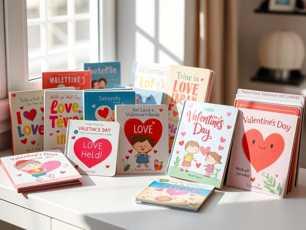 Valentine's Day themed children's books with heart designs and love stories