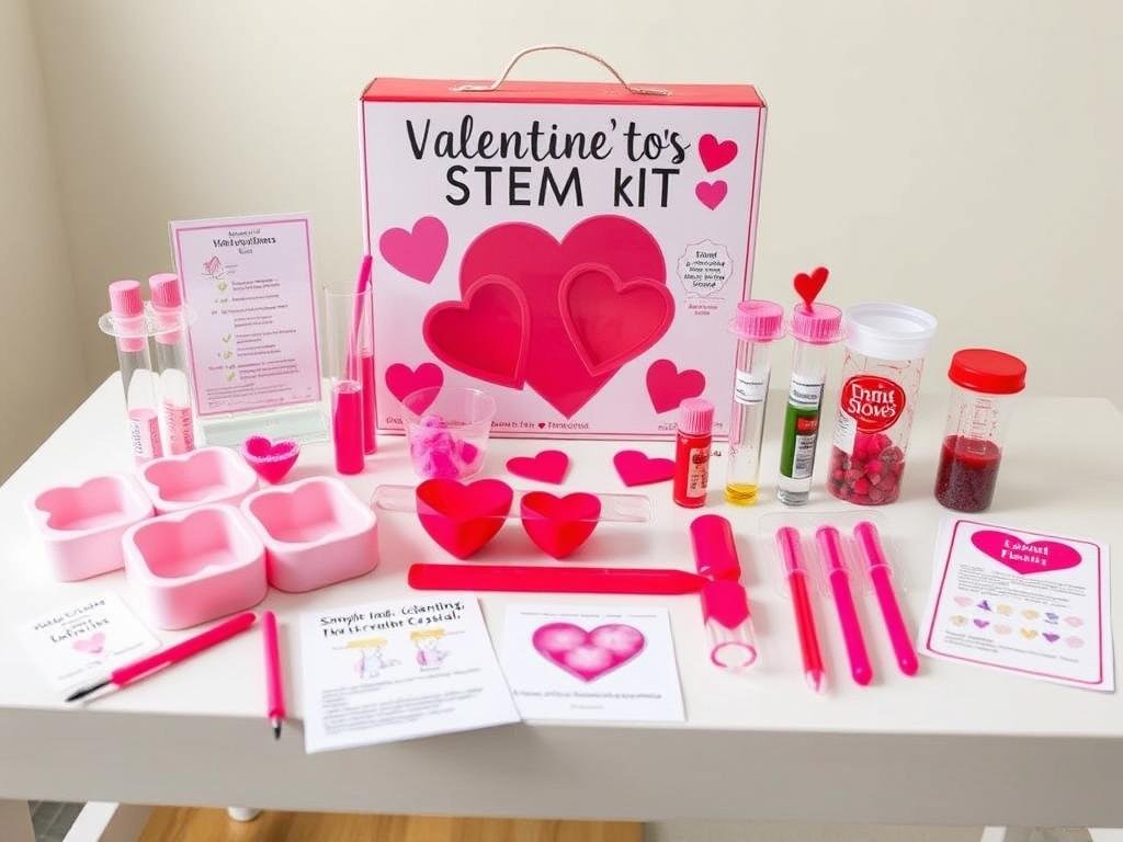 Valentine's themed STEM kit with heart-shaped components and science activities