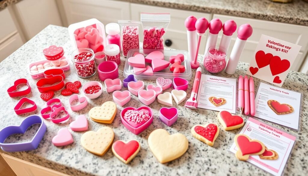 Valentine's themed baking kit with heart-shaped cookie cutters and decorations