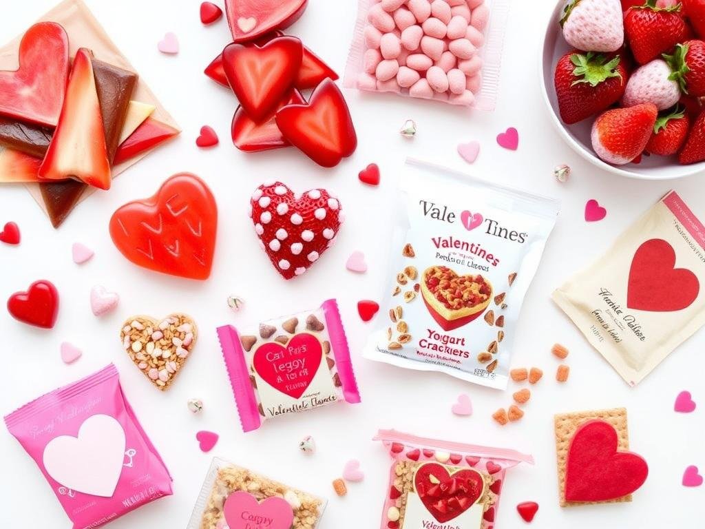 Valentine's themed non-candy treats including fruit snacks and yogurt-covered items