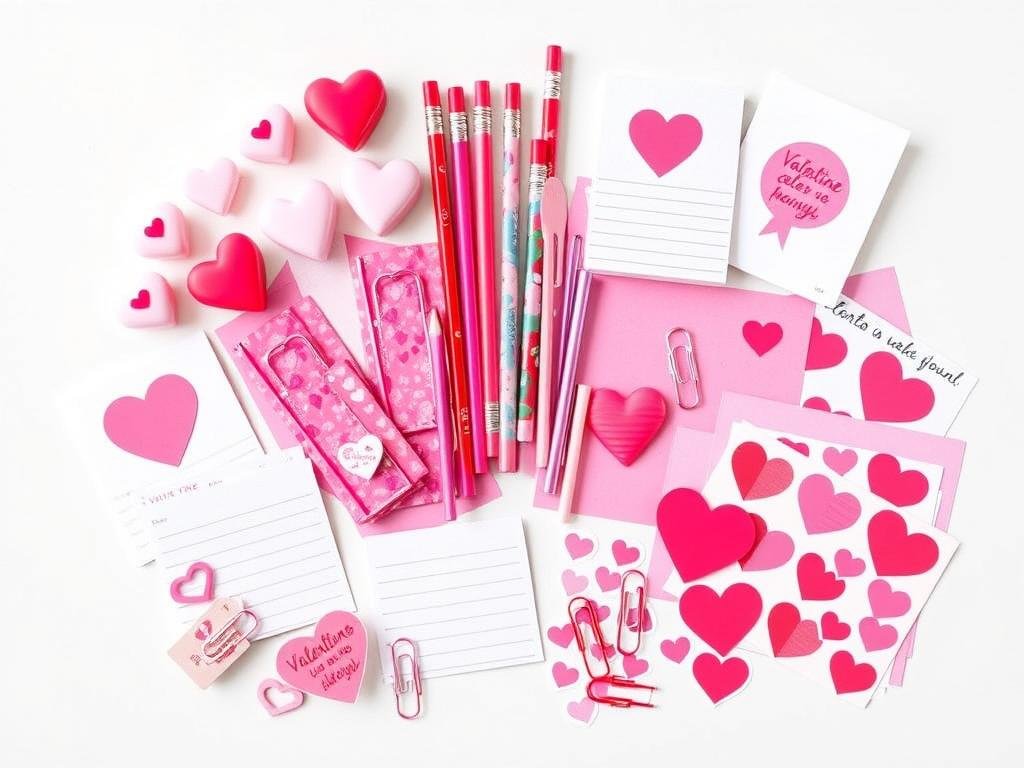 Valentine's themed pencils, erasers and stationery items for classroom exchange