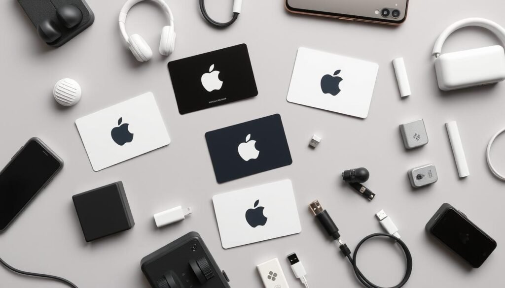 Various Apple gift card pairings including headphones, phone stands, and tech accessories