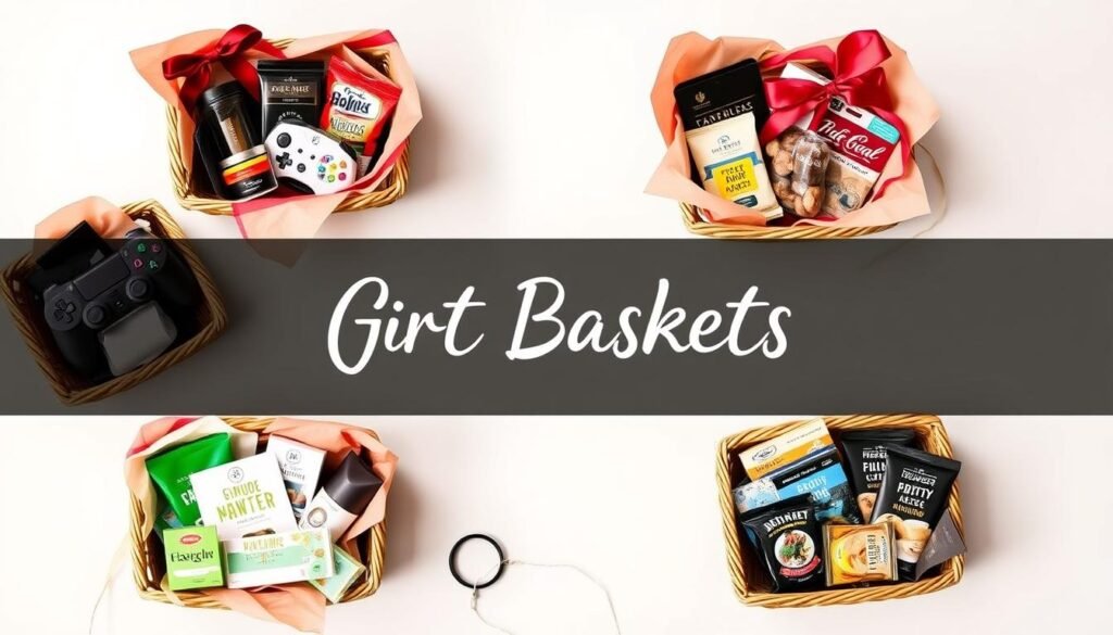 Various boyfriend gift basket ideas arranged in a stylish display
