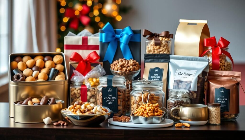 Various food gifts suitable for office sharing including cookies, chocolates, and nuts
