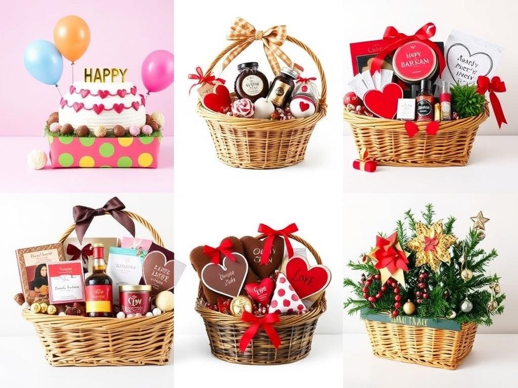 Various gift baskets for different occasions like birthday, anniversary, and Valentine's Day