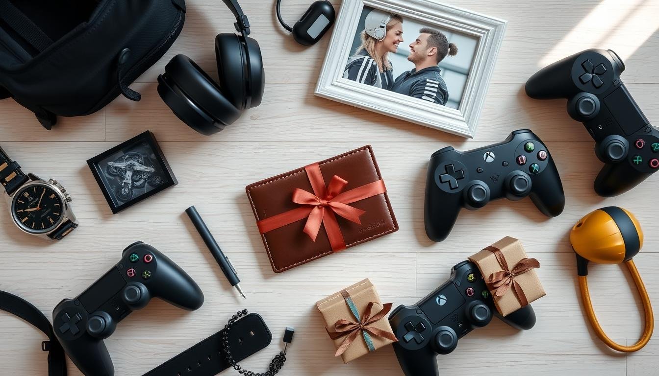 Various gift ideas for boyfriend including tech gadgets, personalized items, and experience gifts