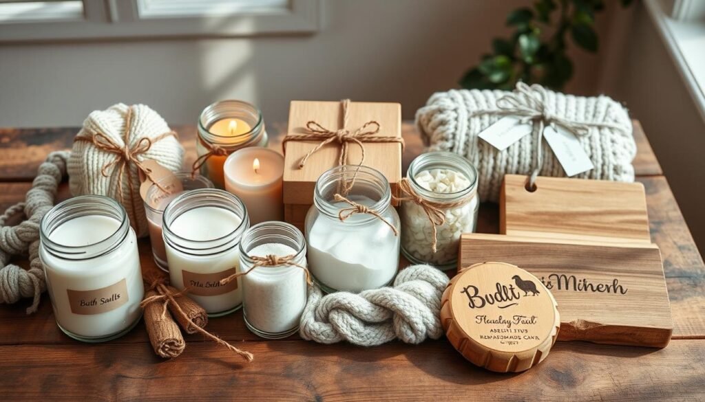 Various handmade gifts including candles, bath products, and personalized items arranged on a rustic wooden table