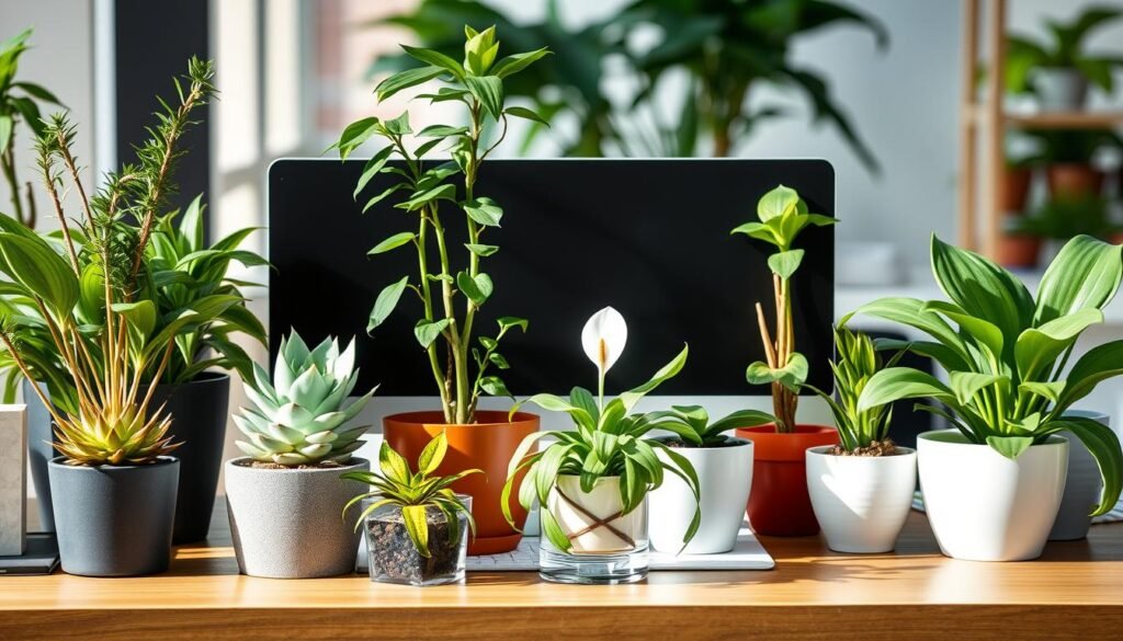 Various office-friendly plants in decorative containers arranged on desk
