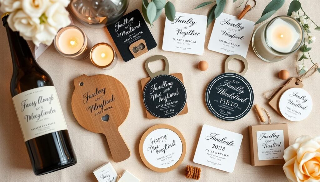 Various practical wedding gifts for guests displayed together