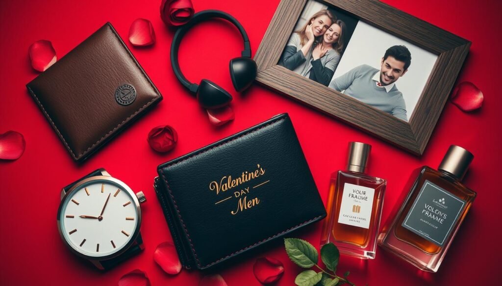 Various valentines day gifts for him arranged attractively including watches, leather goods, and tech gadgets