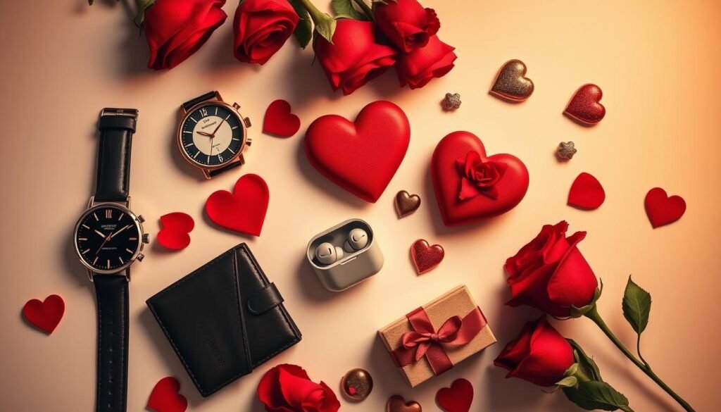 Various valentines gift for boyfriend ideas arranged in a flatlay with roses and heart decorations