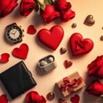 Various valentines gift for boyfriend ideas arranged in a flatlay with roses and heart decorations