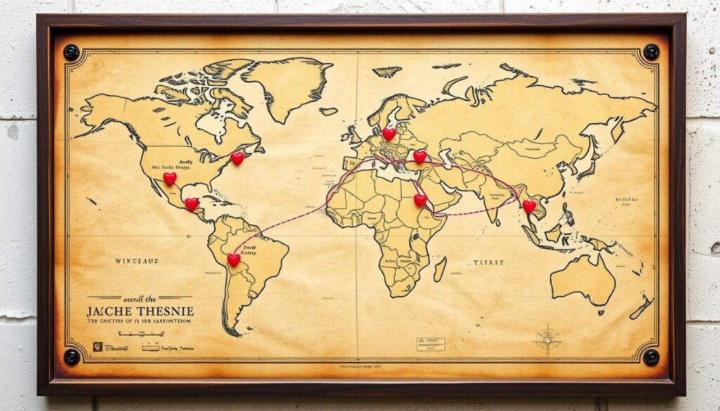 Vintage-style map with multiple locations marked that are significant to a couple's relationship Vintage-style map with multiple locations marked that are significant to a couple's relationship