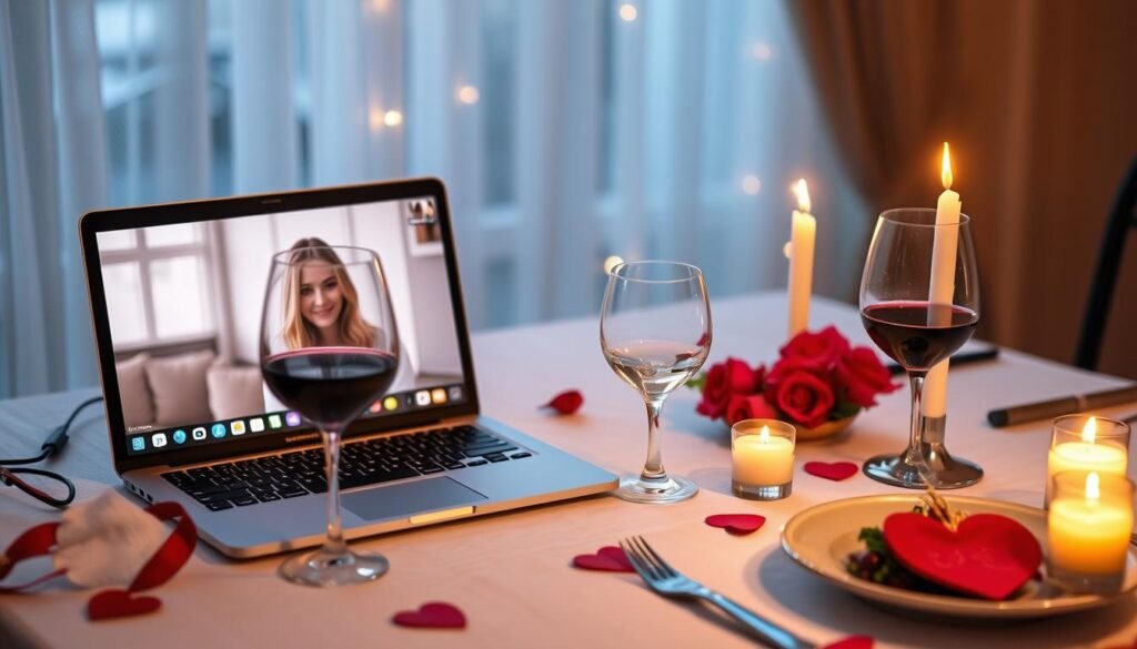 Virtual date night setup with wine and dinner as valentines gift for girlfriend