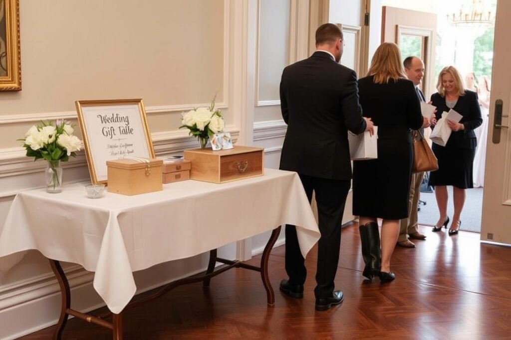 Wedding gift table positioned near the entrance of a reception venue