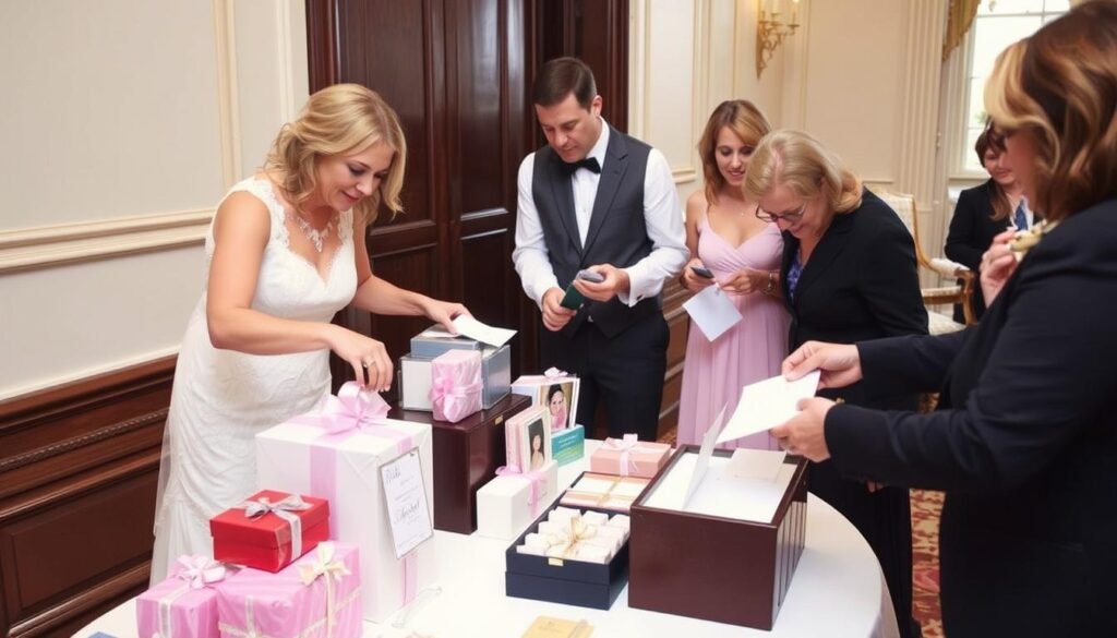 Wedding guests placing gifts on an elegantly arranged gift table