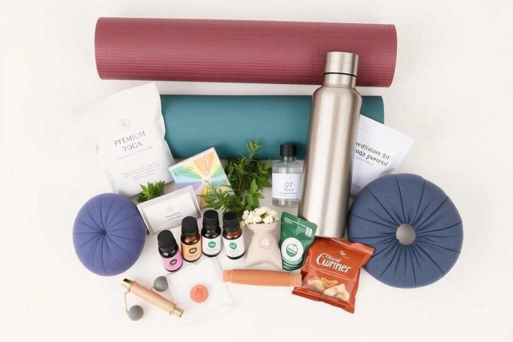 Wellness gift set with yoga accessories and self-care items