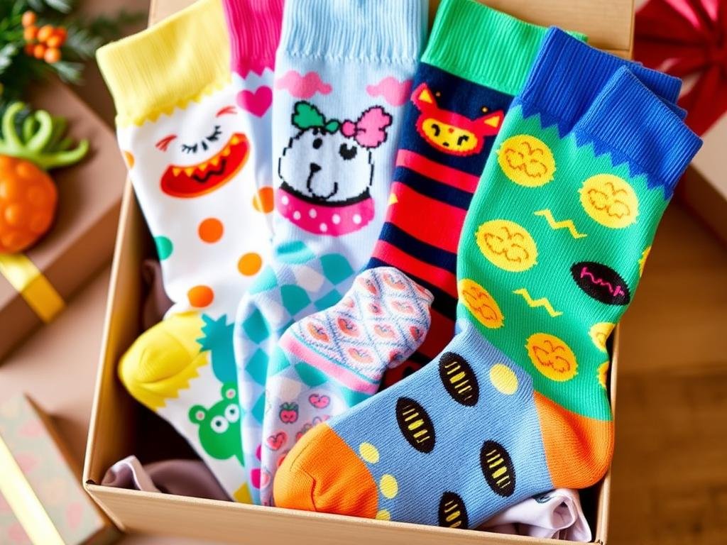 Whimsical patterned socks in gift packaging - cute birthday gift