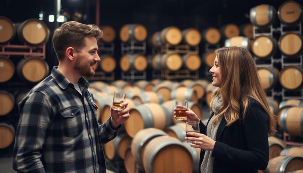Whiskey tasting tour with wooden barrels for 5 year anniversary gift ideas for him