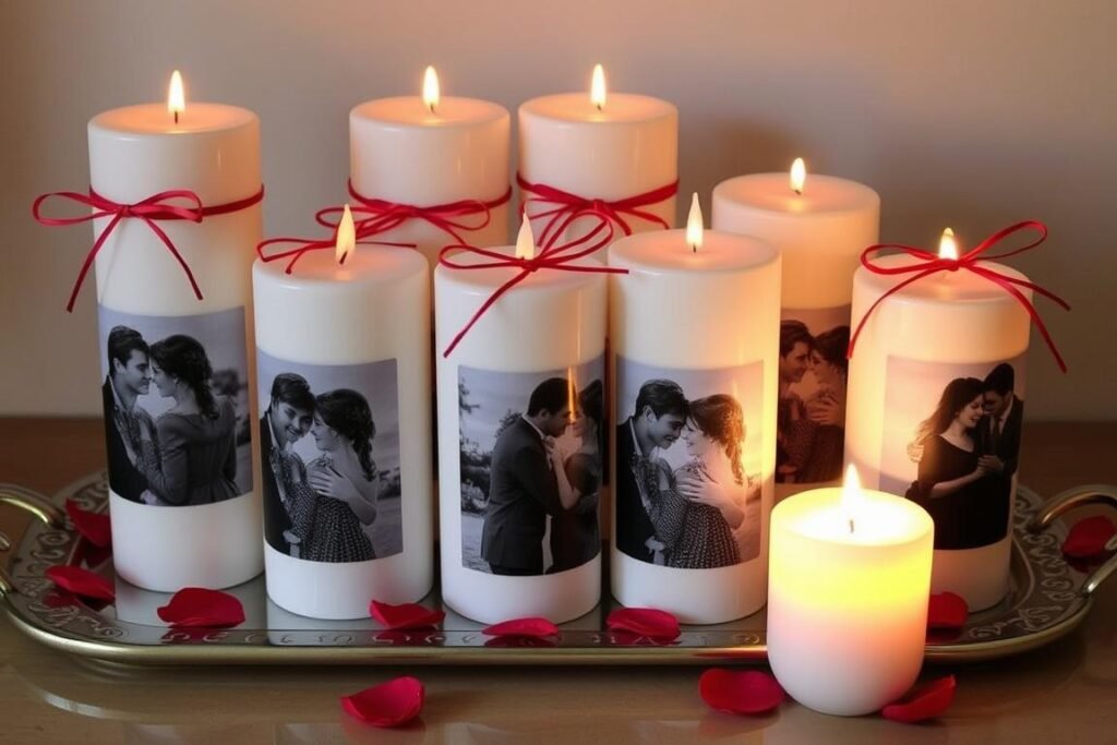 White pillar candles decorated with transferred black and white photos and tied with red ribbon