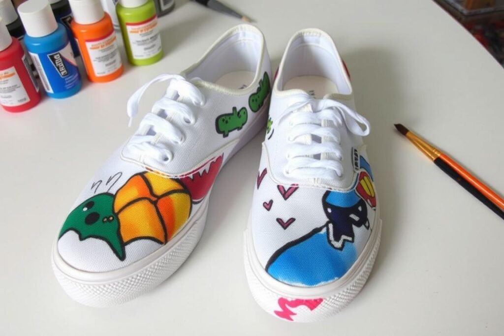White sneakers customized with colorful hand-painted designs