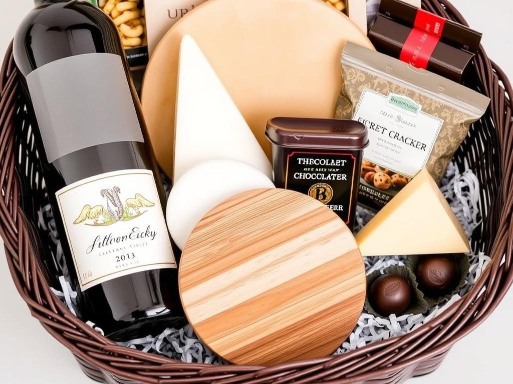 Wine bottle, cheese board, and gourmet snacks arranged in a gift basket