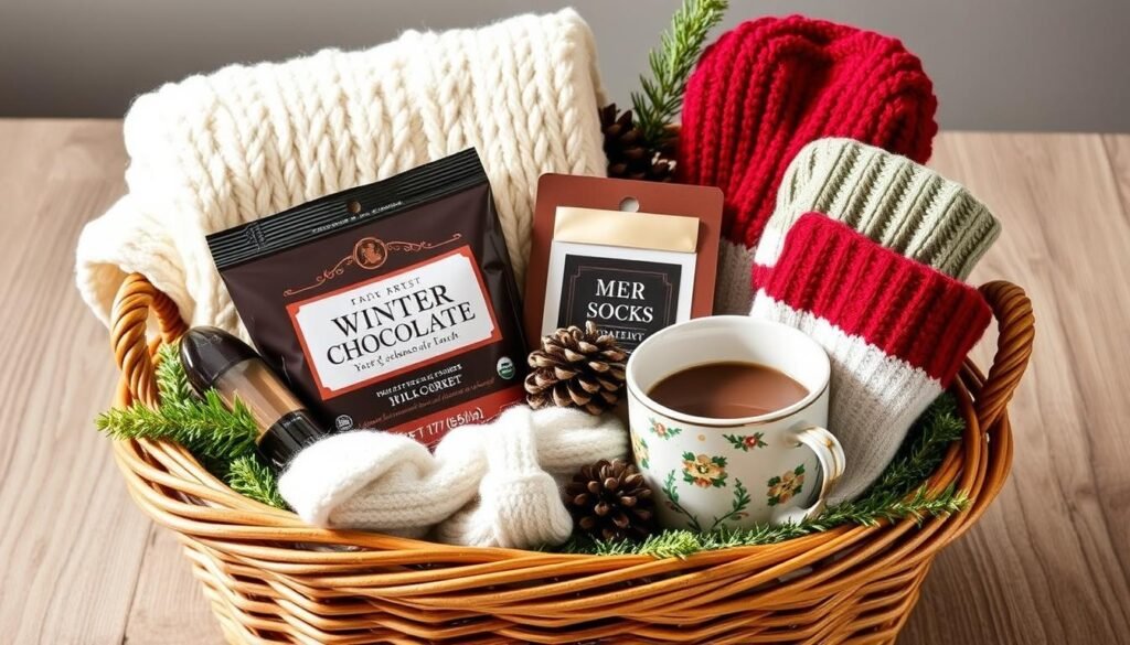 Winter gift basket with cozy items and hot chocolate creative gift ideas