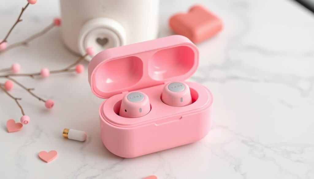 Wireless earbuds in pink case as valentines gift for girlfriend