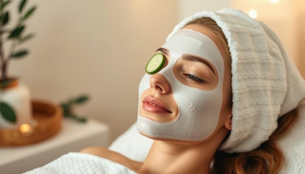 Woman enjoying a spa treatment with facial mask and cucumber slices, experience gift ideas for women