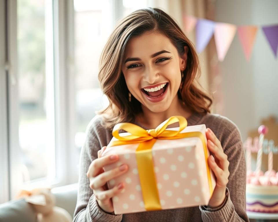 Woman opening a beautifully wrapped birthday gift box with excitement