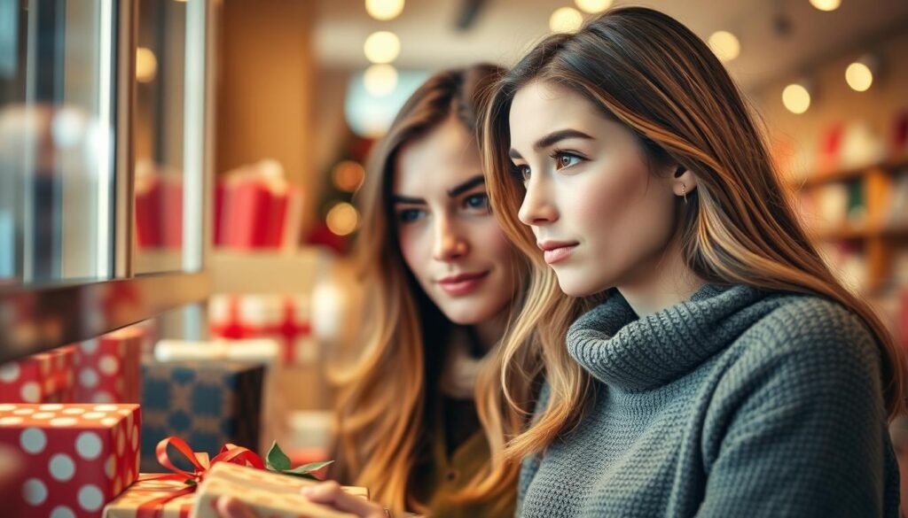 Woman thoughtfully selecting a romantic gift for her boyfriend