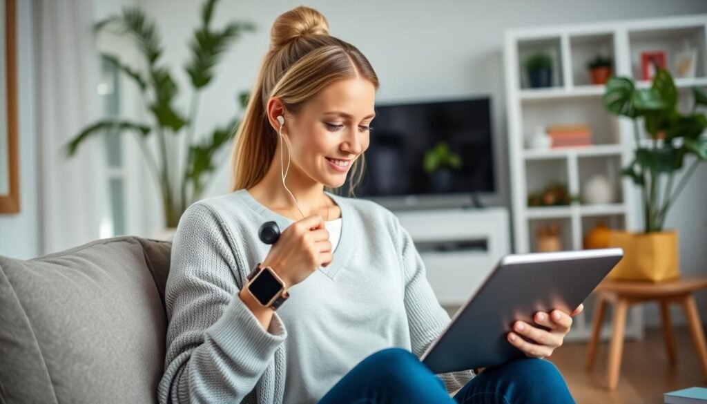 Woman using various tech gadgets including wireless earbuds and smartwatch, modern gift ideas for women